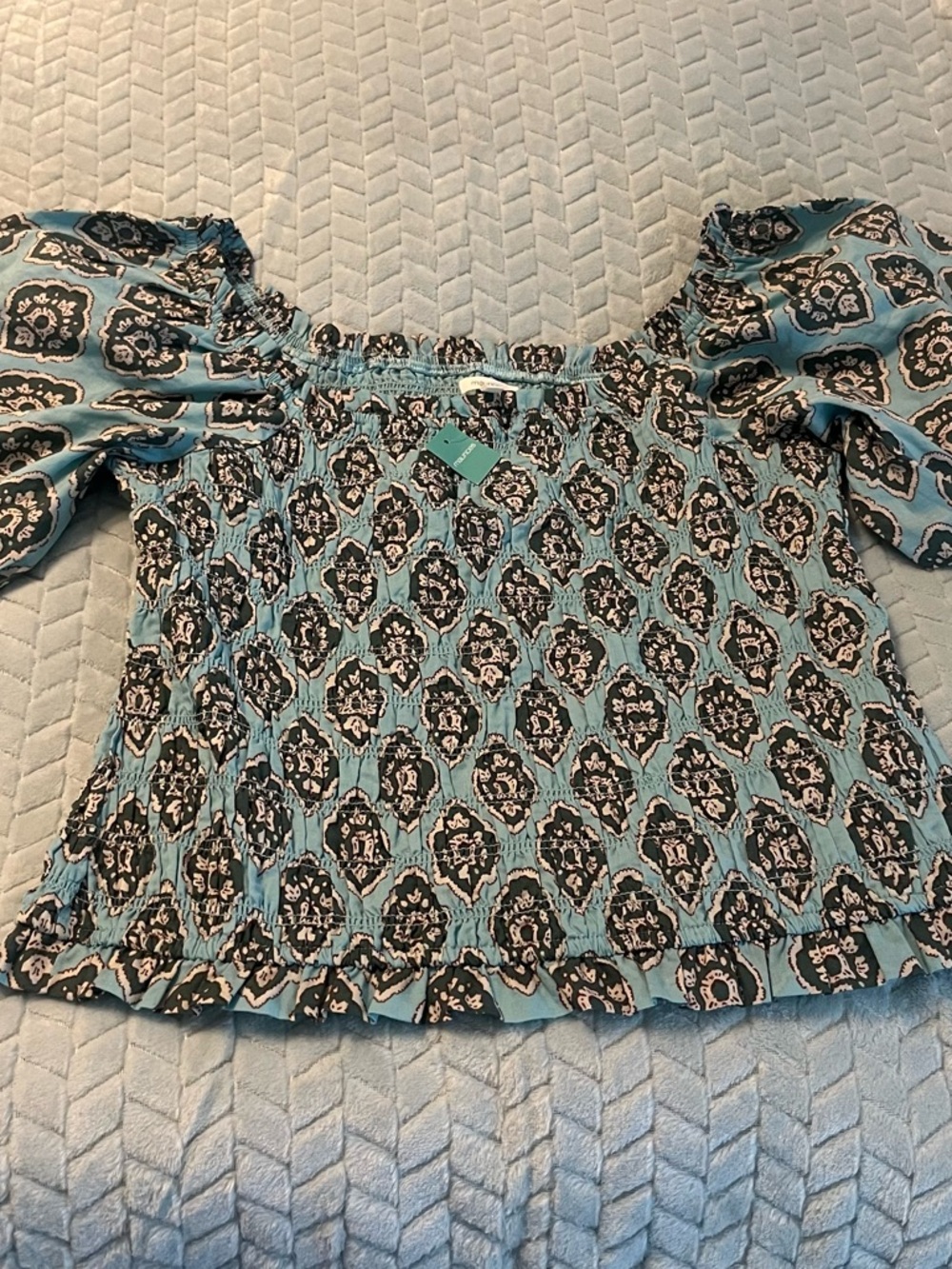 Maurices Blue Patterned Smocked Off-Shoulder Top